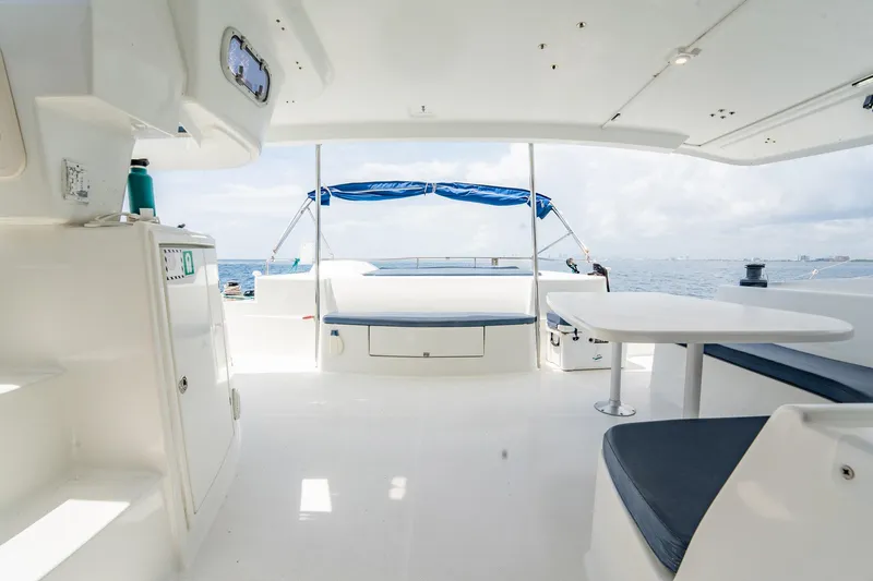 Bellamaggio Yacht Photos Pics Spacious deck of 2008 Fountaine Pajot Salina 48 Evolution catamaran with ocean view.