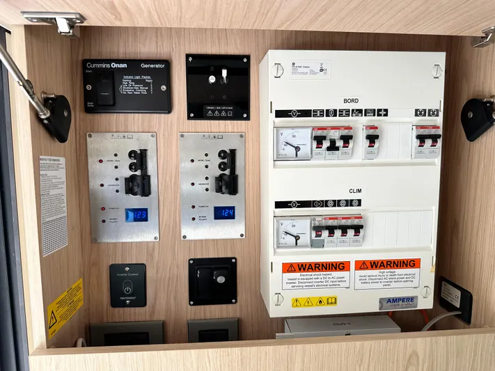 Oceans Edge Yacht Photos Pics Electrical control panel on a 2022 Beneteau Swift Trawler 35 boat.
