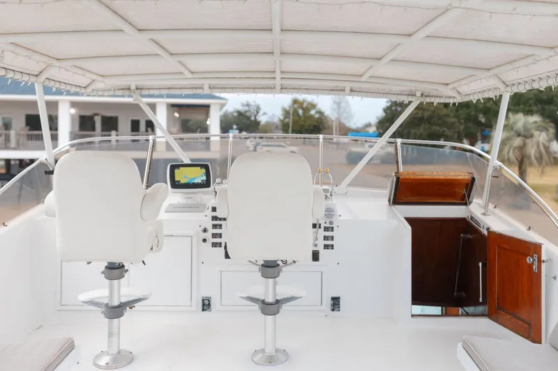 Masterplan Yacht Photos Pics 1975 Hatteras 58 Long Range Cruiser helm with white seating and navigation equipment.