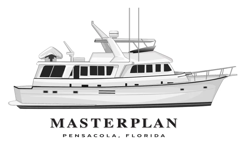 Masterplan Yacht Photos Pics 1975 Hatteras 58 Long Range Cruiser illustration, labeled "Masterplan," Pensacola, Florida.
