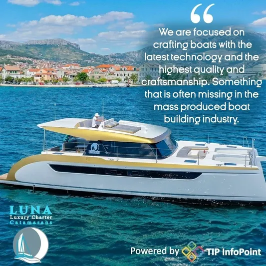 Orange Yacht Photos Pics Luxury catamaran Luna 47 cruising near scenic coastline, showcasing advanced technology and craftsmanship.