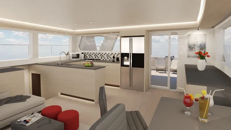 Pilar X Yacht Photos Pics Luxurious interior of 2024 Leeuwin 55 yacht with modern kitchen and ocean view.