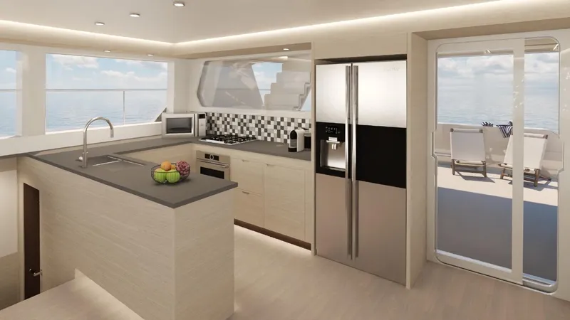 Pilar X Yacht Photos Pics Modern kitchen interior on 2024 Leeuwin 55 yacht with ocean view.