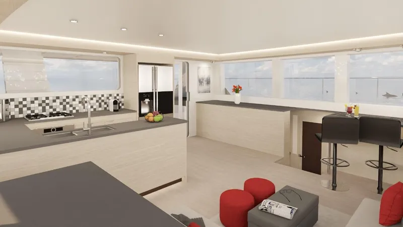 Pilar X Yacht Photos Pics Modern interior of 2024 Leeuwin 55 yacht with sleek kitchen and ocean views.