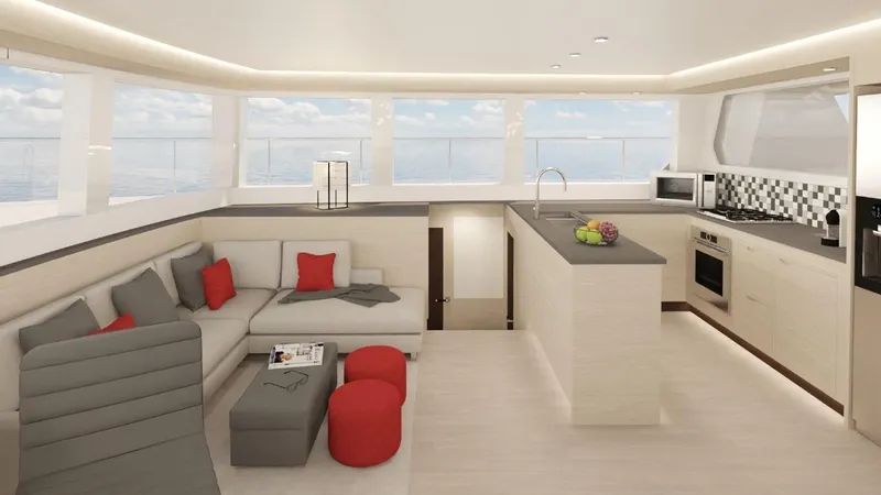 Pilar X Yacht Photos Pics Luxurious interior of 2024 Leeuwin 55 yacht with modern kitchen and cozy seating area.