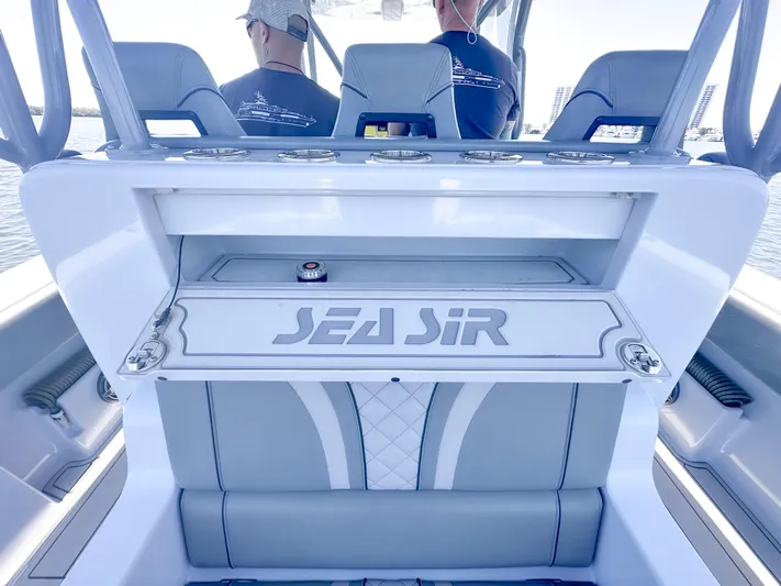  Yacht Photos Pics 2021 SeaVee 370z boat interior with "Sea Sir" branding, featuring modern seating and design.