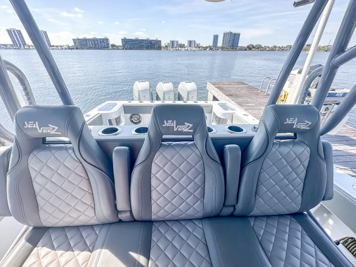  Yacht Photos Pics Luxury seating on a 2021 SeaVee 370z boat with waterfront view.
