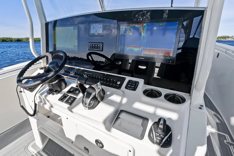 No Name Yacht Photos Pics 2023 Cobia 350 Center Console helm with advanced navigation and control systems.