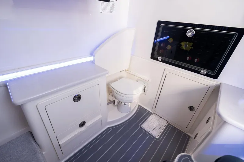 No Name Yacht Photos Pics 2023 Cobia 350 Center Console interior with toilet and storage compartments.