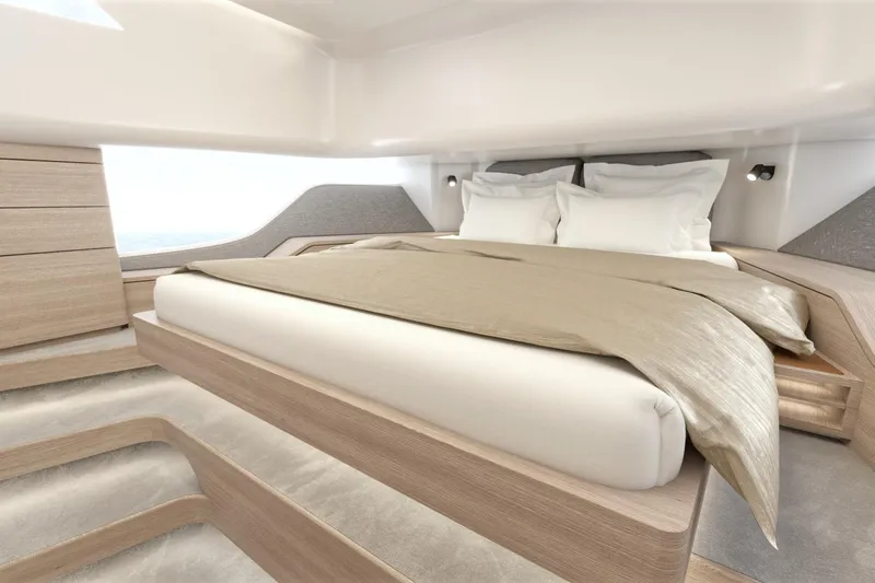  Yacht Photos Pics Luxurious cabin interior of 2026 Piantoni 440 Open yacht with modern design.