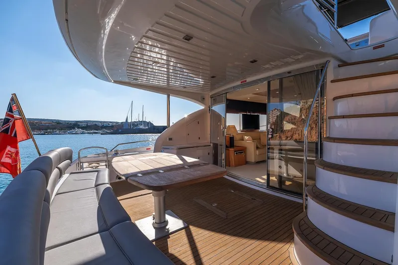  Yacht Photos Pics Luxurious Sunseeker Manhattan 70 yacht deck with seating, table, and ocean view, 2008 model.