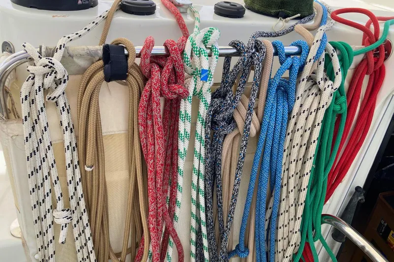 Lucky Vibes Yacht Photos Pics Colorful ropes neatly arranged on a Lagoon 42 catamaran, 2018 model.