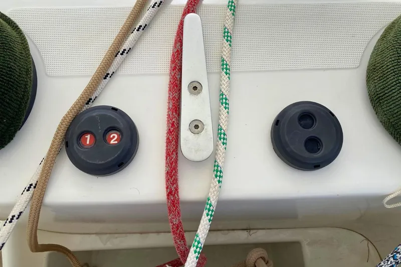 Lucky Vibes Yacht Photos Pics Control panel with ropes on a 2018 Lagoon 42 catamaran.