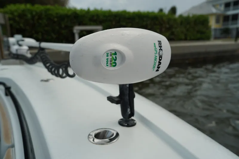  Yacht Photos Pics Close-up of a 2023 Andros 32 Offshore boat's Riptide trolling motor.