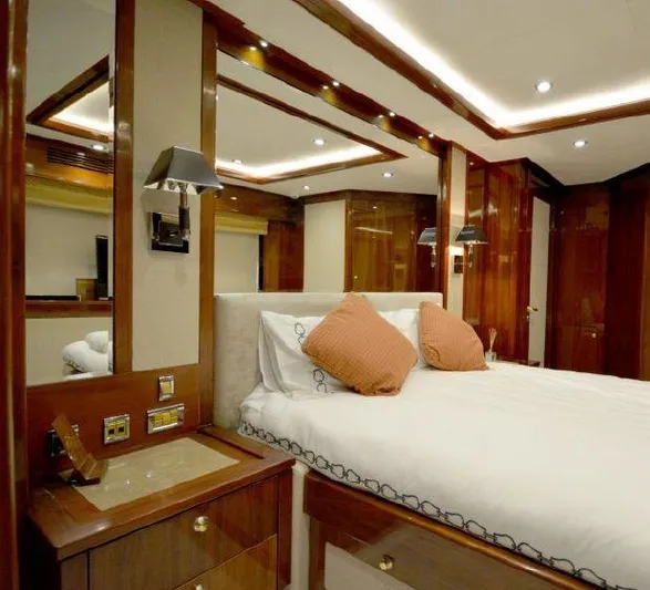 Paladium Yacht Photos Pics Luxurious bedroom interior on 2010 Sunseeker 30 Metre Yacht with elegant wood finishes.
