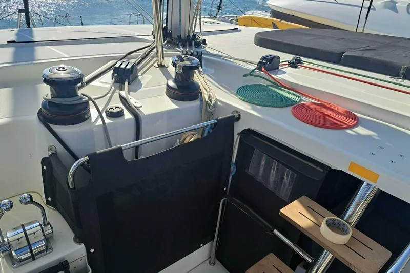  Yacht Photos Pics Cockpit of 2020 Lagoon 42 catamaran with winches and coiled ropes.
