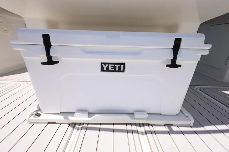  Yacht Photos Pics YETI cooler on 2019 Boston Whaler 330 Outrage boat deck.