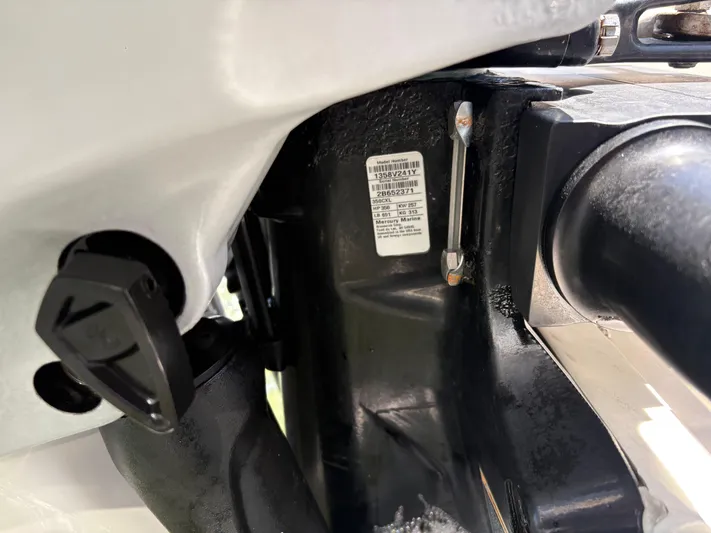  Yacht Photos Pics Close-up of a 2019 Boston Whaler 330 Outrage boat engine component.