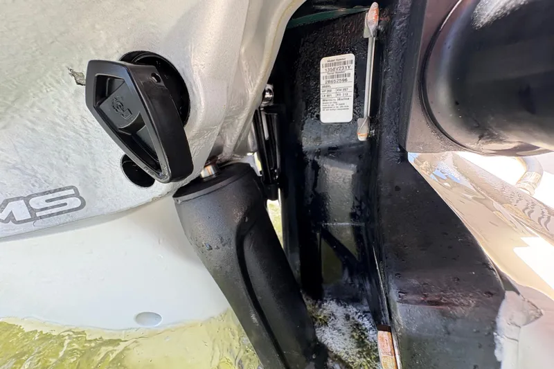 Yacht Photos Pics Close-up of a 2019 Boston Whaler 330 Outrage boat engine component.