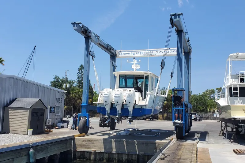 American Girl Yacht Photos Pics 2021 Back Cove 390 yacht lifted at Tarpon Springs Yacht Services.