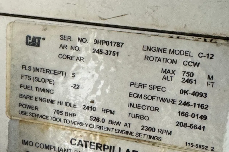  Yacht Photos Pics Caterpillar C-12 engine specifications label on 2005 Ocean Yachts 50 Super Sport.