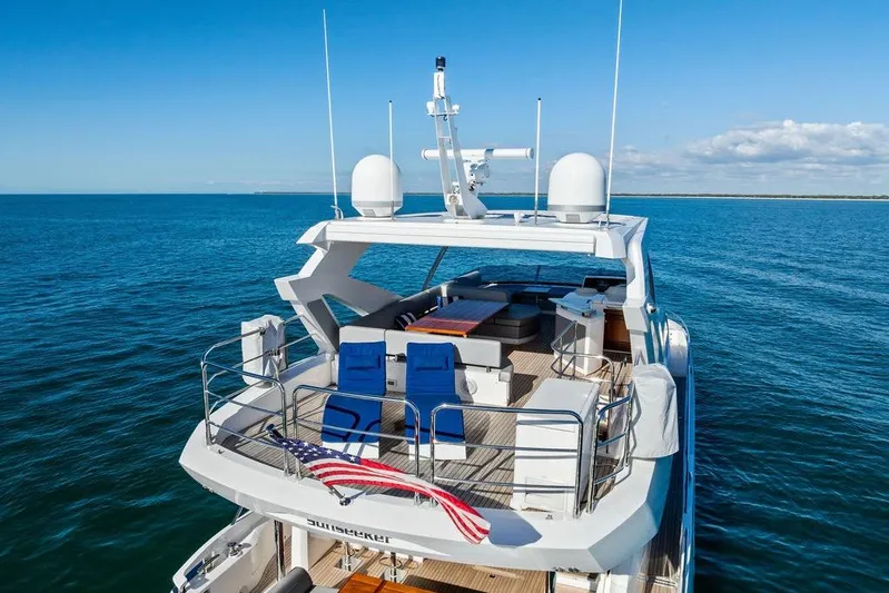 Tempus Fugit Yacht Photos Pics 2019 Sunseeker 76 Yacht on open sea, featuring spacious deck and modern design.