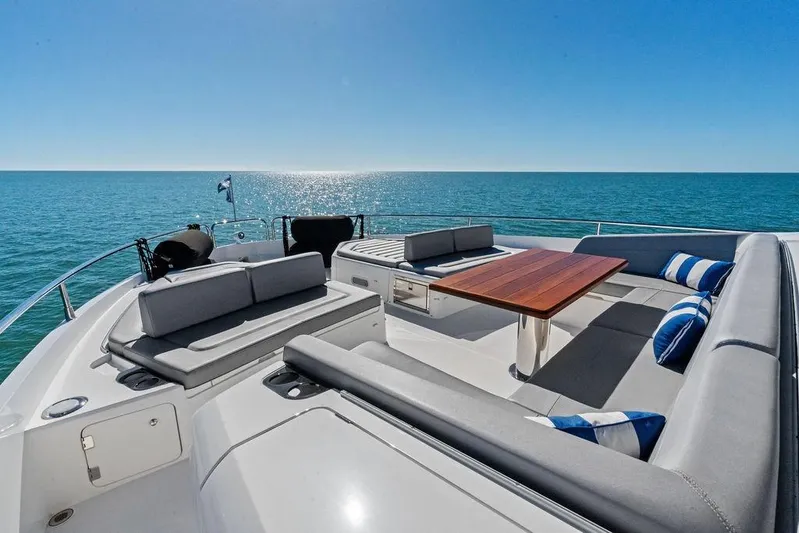 Tempus Fugit Yacht Photos Pics Luxurious 2019 Sunseeker 76 Yacht deck with seating, table, and ocean view.