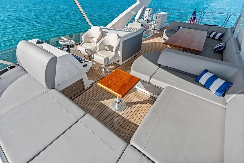 Tempus Fugit Yacht Photos Pics Luxurious 2019 Sunseeker 76 Yacht deck with plush seating and ocean view.