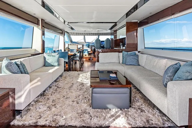 Tempus Fugit Yacht Photos Pics Luxurious interior of 2019 Sunseeker 76 Yacht with elegant seating and ocean views.