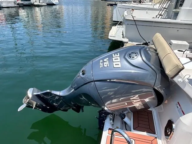  Yacht Photos Pics Outboard motor on a 2024 Ranger Luxury Edition boat docked at a marina.