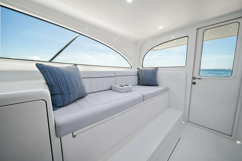New Viking 46 Billfish Yacht Photos Pics Interior of 2026 Viking 46 Billfish yacht with modern seating and ocean view.