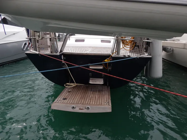 Deep Blue Yacht Photos Pics Rear view of a 2002 Northwind sailing yacht in harbor.