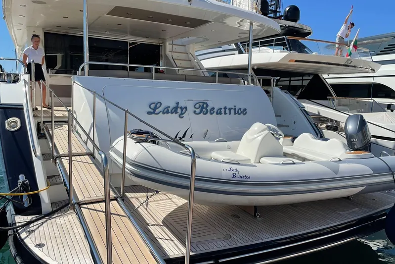 Mira Yacht Photos Pics 2013 Princess 98 Motor Yacht "Lady Beatrice" with tender docked at marina.