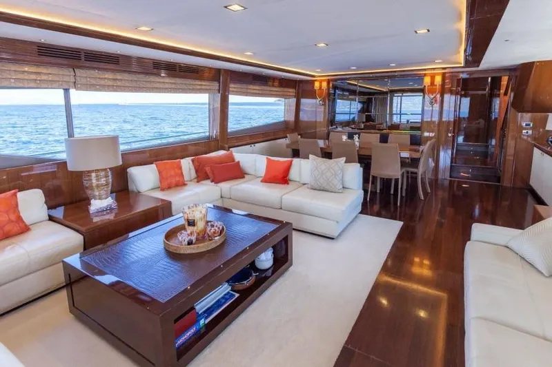 Mira Yacht Photos Pics Luxurious interior of 2013 Princess 98 Motor Yacht with elegant seating and ocean view.