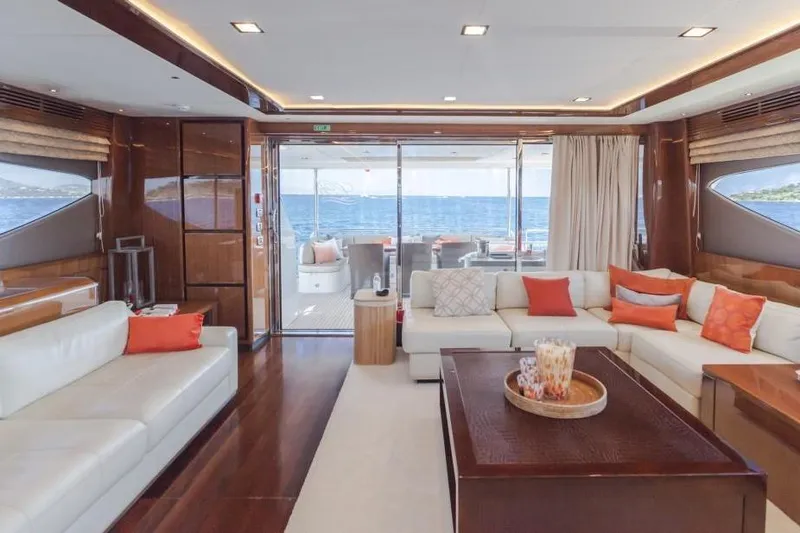 Mira Yacht Photos Pics Luxurious interior of 2013 Princess 98 Motor Yacht with ocean view and elegant seating.