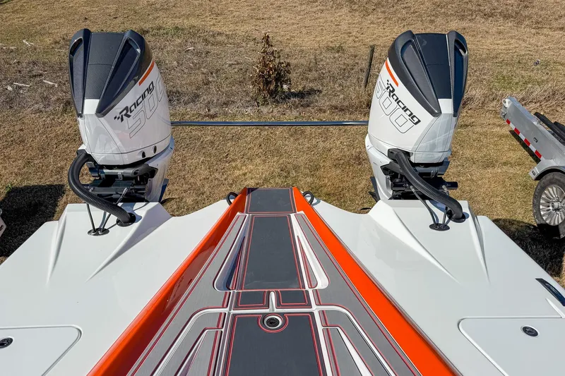  Yacht Photos Pics MTI 390X 2021 boat with dual Racing 300 outboard engines, sleek design.