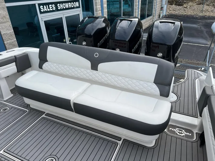 Perseverance Yacht Photos Pics 2019 Fountain 39 NX boat with cushioned seating and powerful outboard motors near sales showroom.