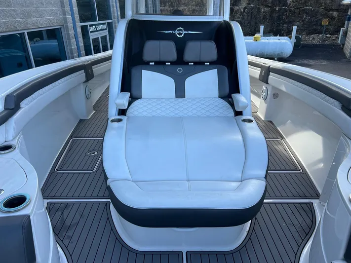Perseverance Yacht Photos Pics 2019 Fountain 39 NX boat interior with luxurious seating and sleek design.