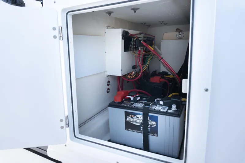  Yacht Photos Pics Battery compartment of 2025 Twin Vee 260 GFX2 CC boat, showing wiring and connections.