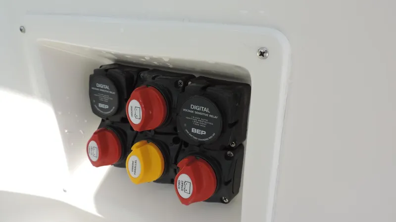  Yacht Photos Pics 2024 NorthCoast 285HT boat electrical panel with digital switches and safety controls.