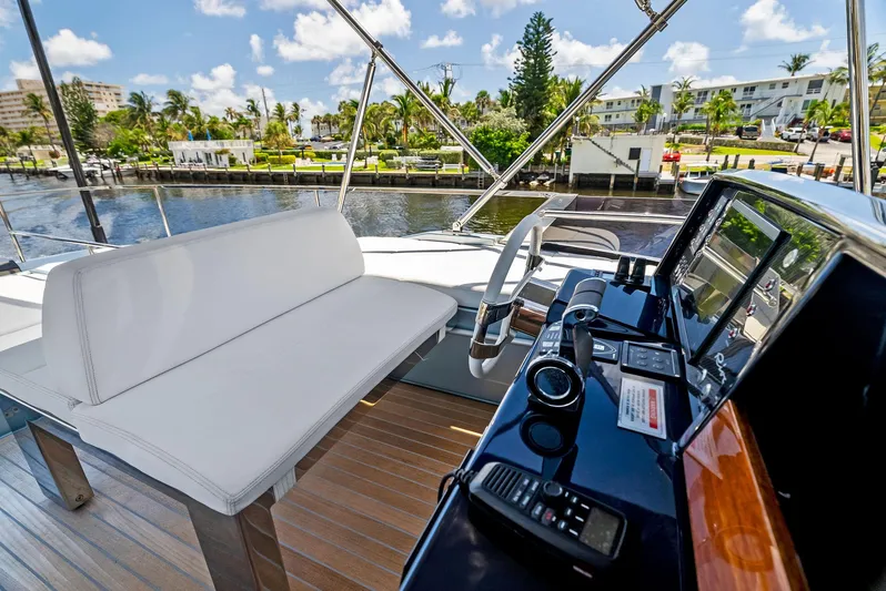 Knot Normal Yacht Photos Pics Cockpit view of 2020 Riva 66' Ribelle yacht with white seating and control panel.