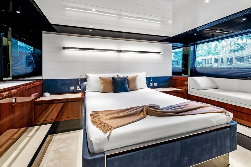 Knot Normal Yacht Photos Pics Luxurious bedroom interior of 2020 Riva 66' Ribelle yacht with modern design.