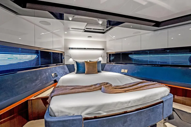 Knot Normal Yacht Photos Pics Luxurious bedroom interior of 2020 Riva 66' Ribelle yacht with modern design.