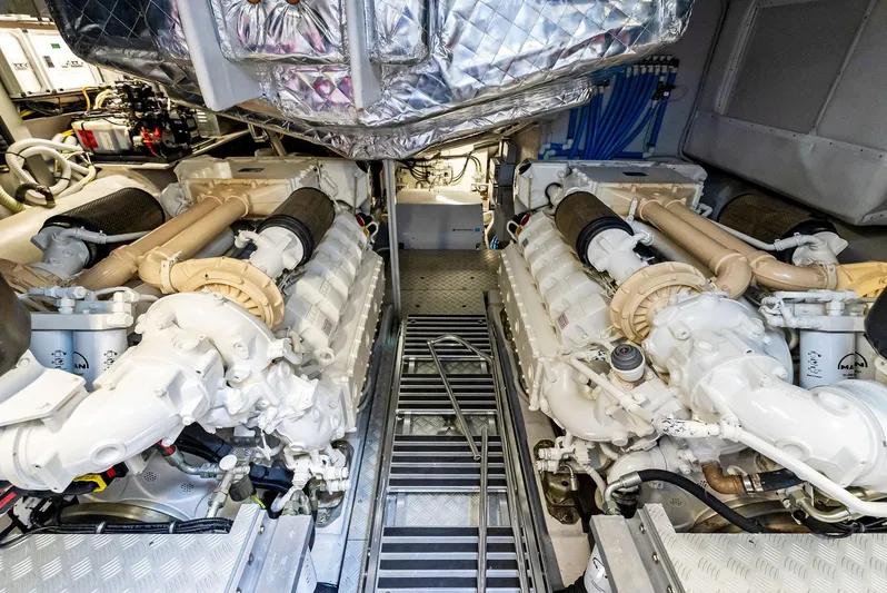 Knot Normal Yacht Photos Pics Engine room of a 2020 Riva 66' Ribelle yacht with twin engines.