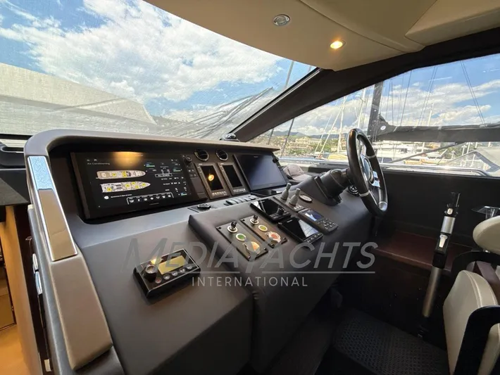  Yacht Photos Pics 2019 Azimut Fly 72 yacht cockpit with modern navigation controls and panoramic view.