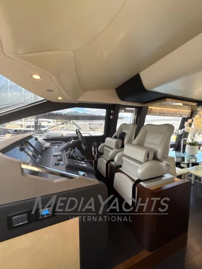  Yacht Photos Pics Luxurious interior of 2019 Azimut Fly 72 yacht with modern helm and seating.