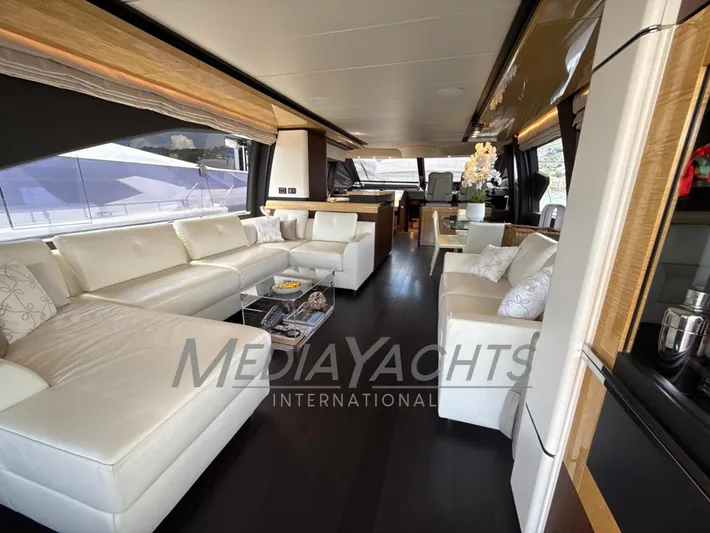  Yacht Photos Pics Luxurious interior of 2019 Azimut Fly 72 yacht with elegant white seating and modern decor.