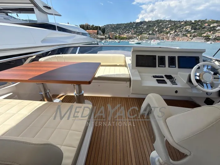  Yacht Photos Pics Luxurious 2019 Azimut Fly 72 yacht cockpit with elegant seating and navigation controls.