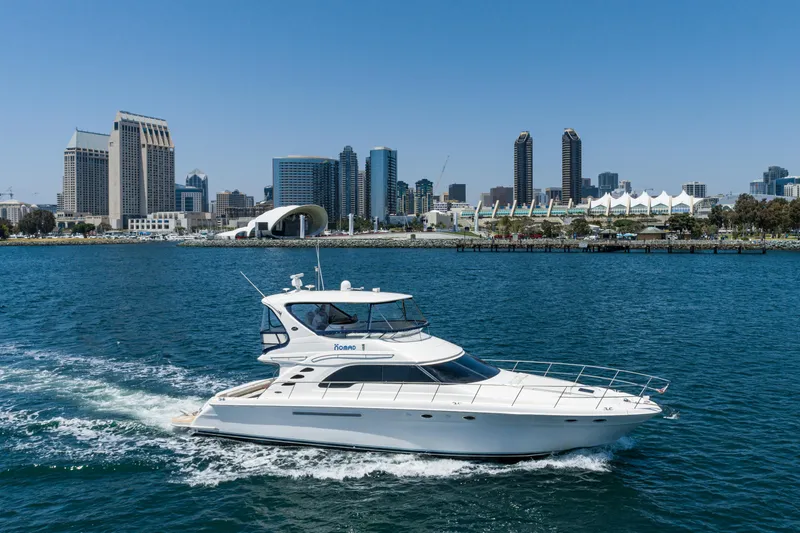 Blue Nomad Yacht Photos Pics 2001 Sea Ray 560 Sedan Bridge yacht cruising near city skyline.