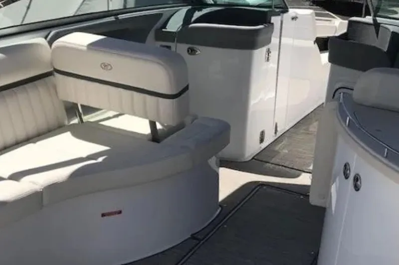  Yacht Photos Pics 2018 Cobalt R35 boat interior with white seating and modern design.